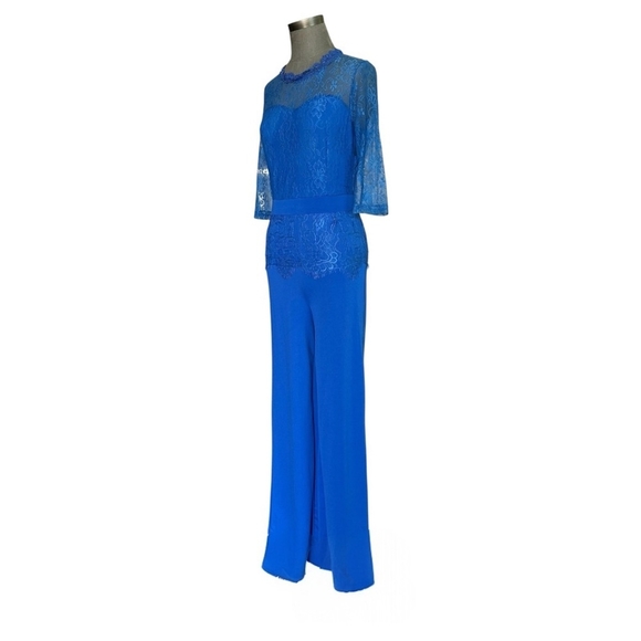 Royal Blue Lace Jumpsuit Wide Leg Formal Evening Party Romper Size M - Picture 4 of 6